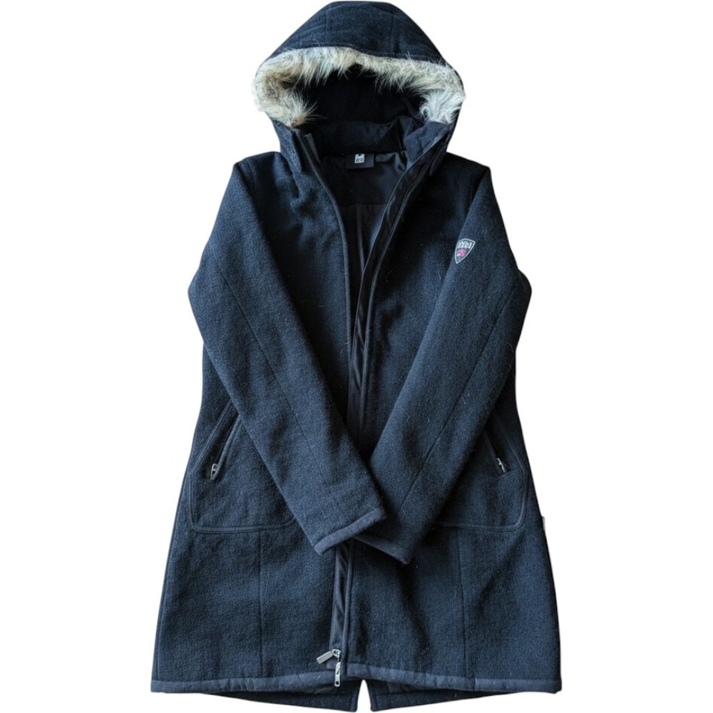Dale of‎ Norway Womens XL Black Wool Hooded Parka Faux Fur Trim Knit Jacket